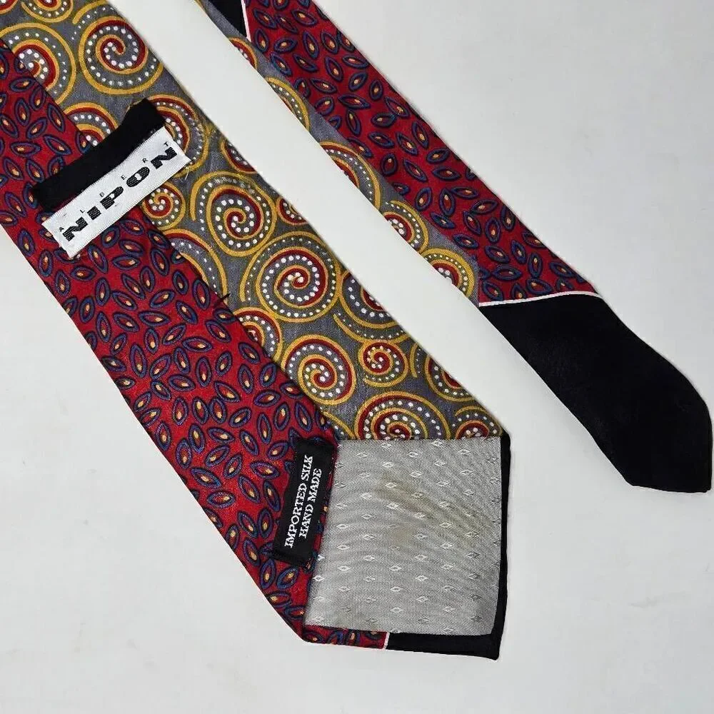 ALBERT NIPON HAND MADE SILK TIE BLACK RED MULTI PATTERN PAISLEY SATIN 4
